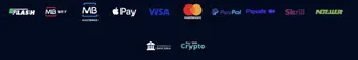Ícones dos métodos de pagamento disponíveis no Solverde , incluindo MB Way, Apple Pay, VISA, Mastercard, PayPal, Paysafe, Skrill, Neteller, transferência bancária e criptomoedas